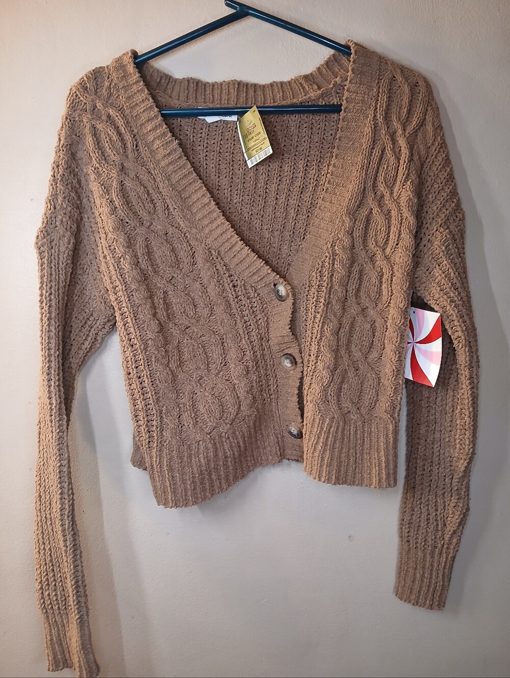 NWT Derek Heart Brown Cable Knit Button-Front Cardigan